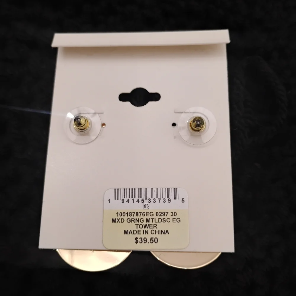 ON 34th Gold-Tone Disc & Blue-Green Color Ring Drop Earrings NWT